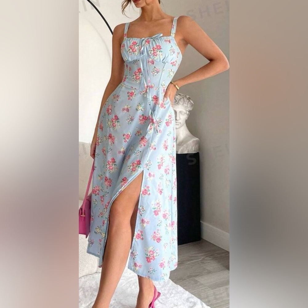 New vintage garden patterned square neckline dress